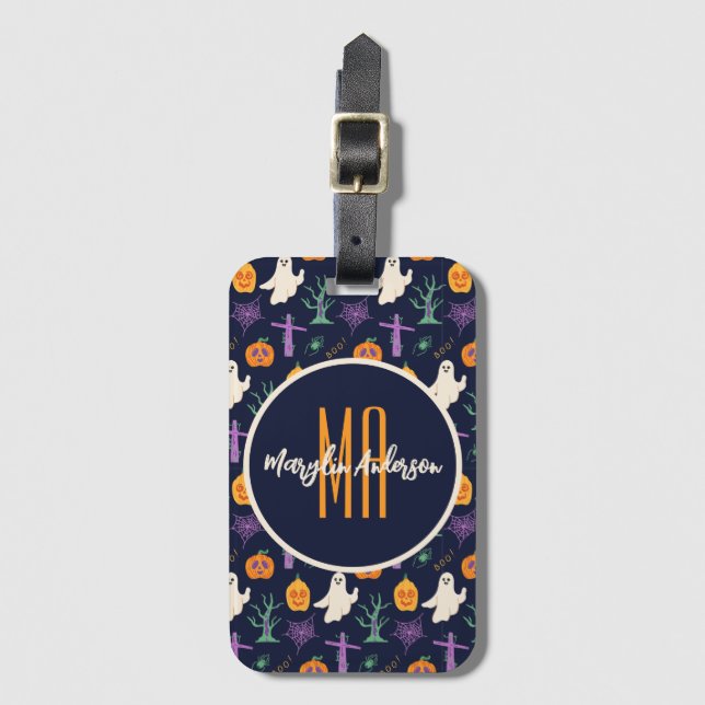 HAPPY HALLOWEEN SPOOKY CUSTOMIZABLE MONOGRAM LUGGAGE TAG (Front Vertical)