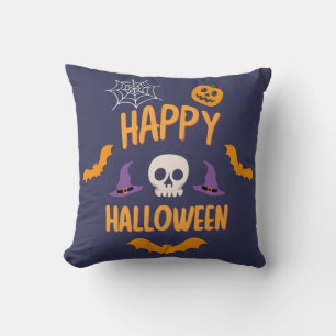 Happy Halloween spooky pumpkin bat orange design Throw Pillow
