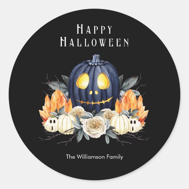 Happy Halloween Spooky Samhain Pumpkins Crystals   Classic Round Sticker (Front)