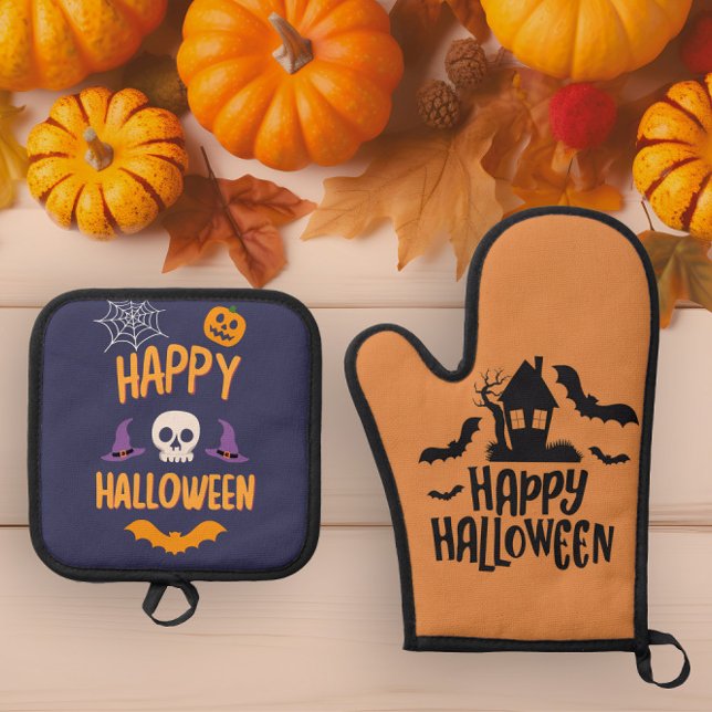 Happy Halloween spooky skeleton bat  Oven Mitt & Pot Holder Set (Creator Uploaded)