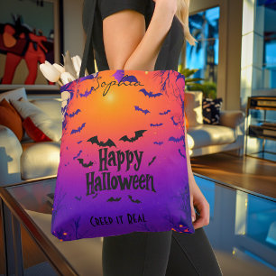 Happy Halloween – Spooky Sunset with Bats & Dark Tote Bag