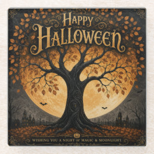 Happy Halloween Spooky Tree Full Moon Gothic Glass Coaster