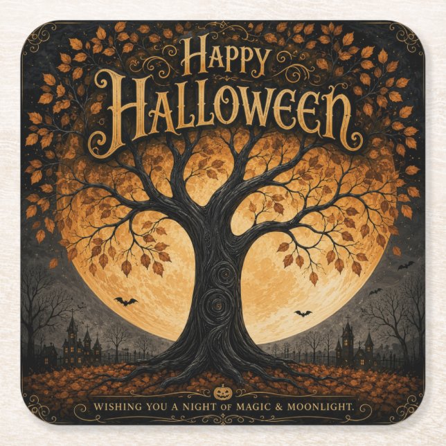 Happy Halloween Spooky Tree Full Moon Gothic Square Paper Coaster (Front)