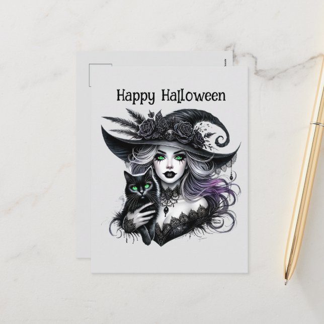 Happy Halloween spooky witch customizable  Holiday Postcard (Front/Back In Situ)