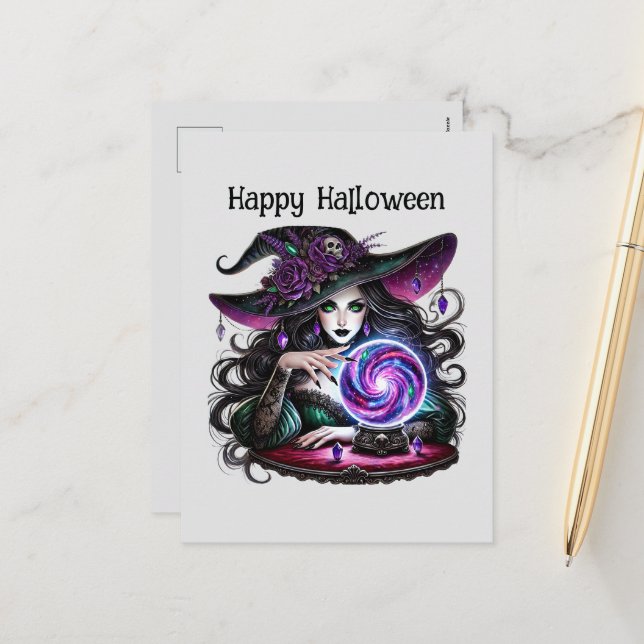 Happy Halloween spooky witch customizable  Holiday Postcard (Front/Back In Situ)