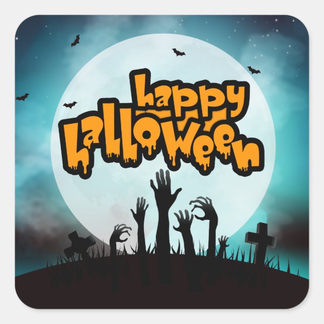 Happy Halloween Spooky Zombie Graveyard Square Sticker (Front)