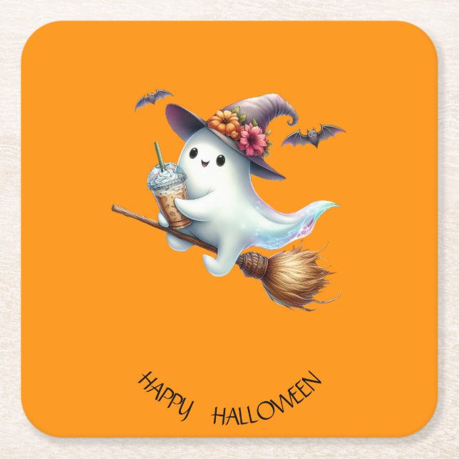 Happy Halloween Square Paper Coaster (Front)