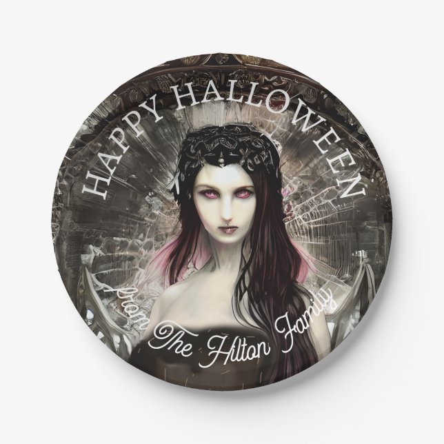 Happy Halloween Steampunk Gothic Fallen Angel Paper Plate (Front)