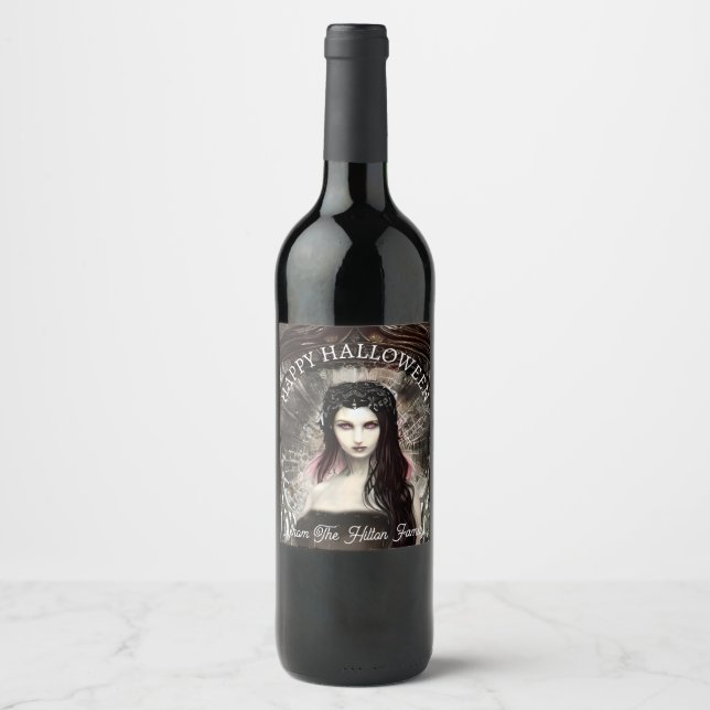 Happy Halloween Steampunk Gothic Fallen Angel Wine Label (Front)