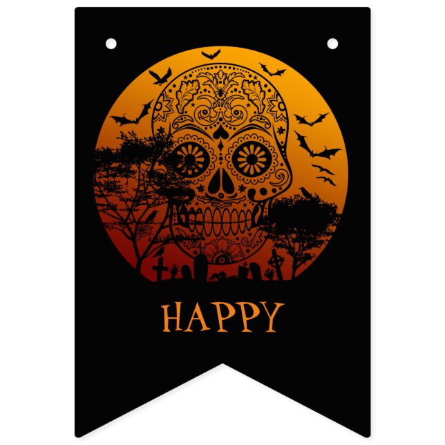 Happy Halloween Sugar Skull Graveyard Full Moon 2 Bunting Flags (First Flag)
