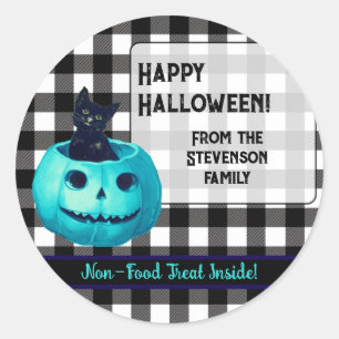 Happy Halloween Teal Pumpkin and Plaid  Classic Round Sticker