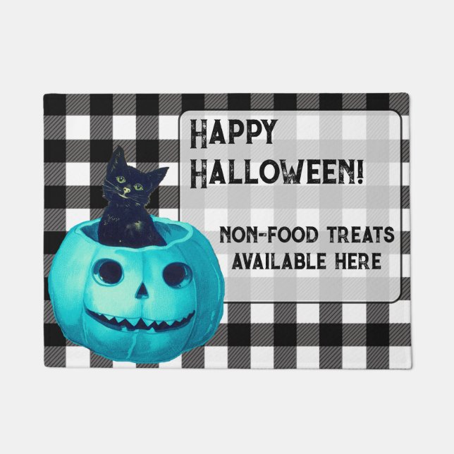 Happy Halloween Teal Pumpkin and Plaid  Doormat (Front)