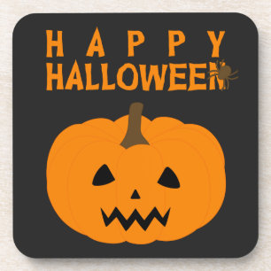 Happy Halloween Text and Pumpkin on Black Coaster