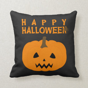 Happy Halloween Text and Pumpkin on Black Throw Pillow