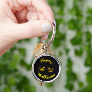 Happy Halloween text with creepy yellow pumpkins Keychain