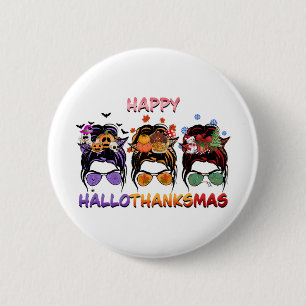 happy halloween thanksgiving christmas messy bun 2 inch round button