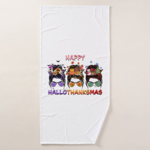 happy halloween thanksgiving christmas messy bun bath towel