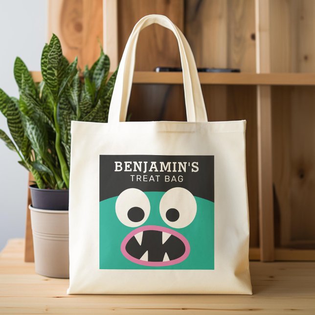 Happy Halloween Treat Custom Name Cute Monster Tote Bag (Custom Tote Bag)