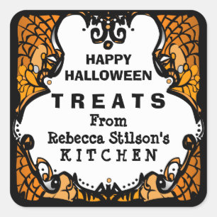 Happy Halloween Treats Orange Black & White Custom Square Sticker