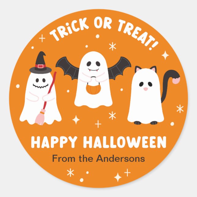 Happy Halloween Trick or Treat Ghosts Classic Round Sticker (Front)