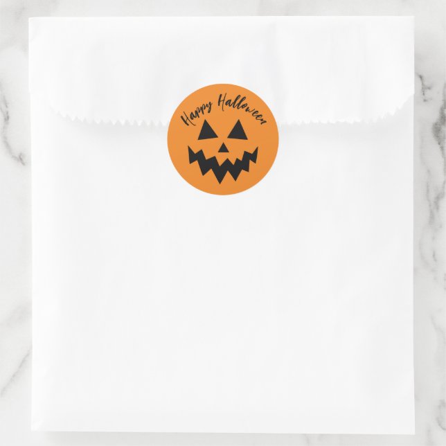 Happy Halloween Trick or Treat Orange Pumpkin Face Classic Round Sticker (Bag)