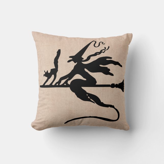 Happy Halloween Trick or Treat Witch with Broom Throw Pillow (Front)