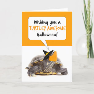 Happy Halloween Turtle in Witch Hat and Face Mask Holiday Card
