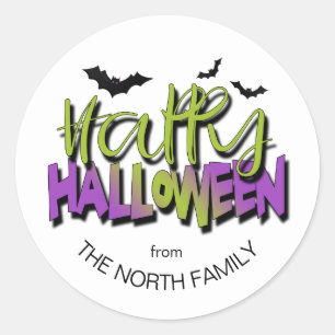Happy Halloween Typography w/Bats Green ID685 Classic Round Sticker