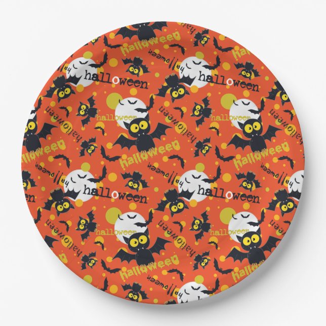 Happy Halloween Vampire Bat Full Moon Fangs Paper Plate (Front)