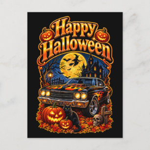 Happy Halloween Vintage Classic USA Muscle Car  Postcard
