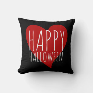 Happy Halloween w/ Red Heart Black & Grey Stripes Throw Pillow