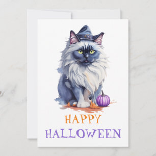 Happy Halloween watercolor birman cat in witch hat Holiday Card