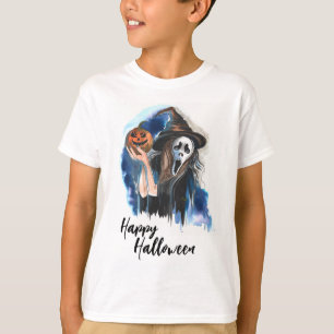  Happy Halloween Watercolor Witch and Pumpkin  T-Shirt