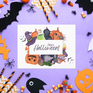 Happy Halloween Watercolor Witch Hat and Cat Holiday Card