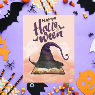 Happy Halloween Watercolor Witch Hat and Spellbook Postcard