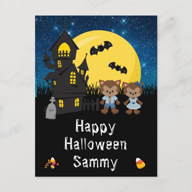 Happy Halloween Werewolf Blue Holiday Postcard (Front)