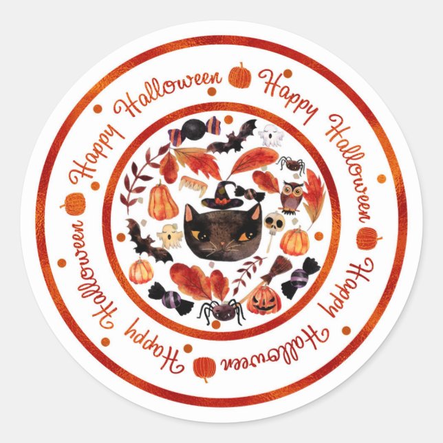 Happy Halloween Whimsical Black Cat Watercolor Classic Round Sticker (Front)