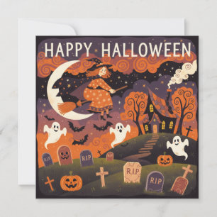 Happy Halloween Whimsical Witch on the Broom  Holiday Card