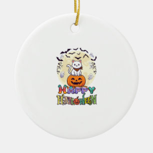 Happy Halloween White Cat Pumpkin Moon Bats Ghosts Ceramic Ornament