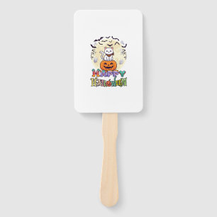 Happy Halloween White Cat Pumpkin Moon Bats Ghosts Hand Fan