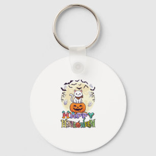 Happy Halloween White Cat Pumpkin Moon Bats Ghosts Keychain