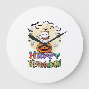 Happy Halloween White Cat Pumpkin Moon Bats Ghosts Large Clock