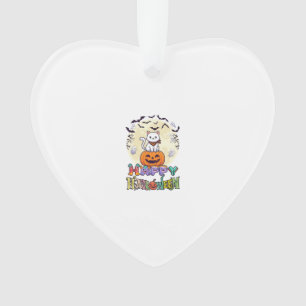 Happy Halloween White Cat Pumpkin Moon Bats Ghosts Ornament