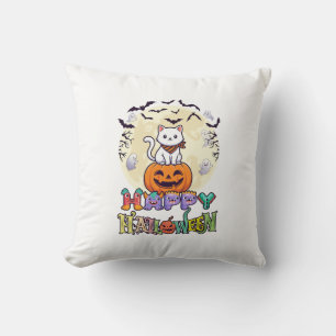 Happy Halloween White Cat Pumpkin Moon Bats Ghosts Throw Pillow