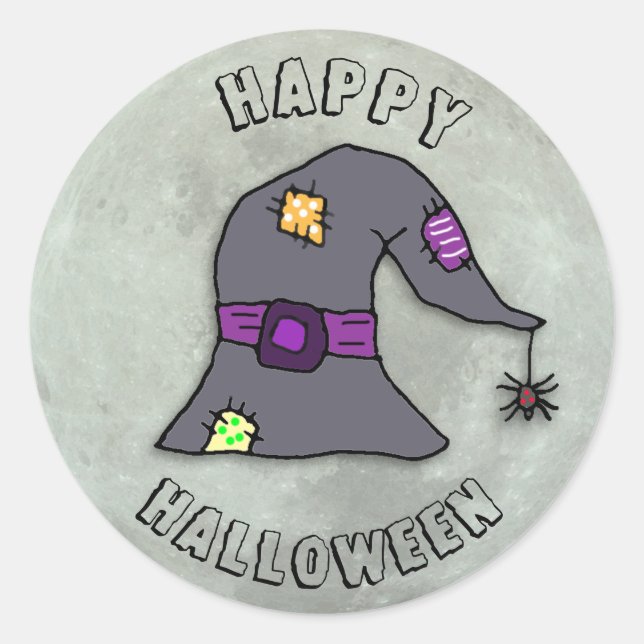 Happy Halloween Witch and Full Moon Classic Round Sticker (Front)