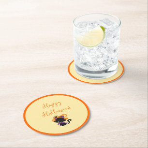Happy Halloween Witch Black Cat Mouse on Brim  Round Paper Coaster