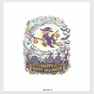 Happy Halloween Witch Broom Black Cat Ghosts_1