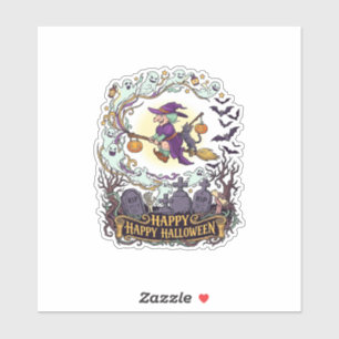 Happy Halloween Witch Broom Black Cat Ghosts_1