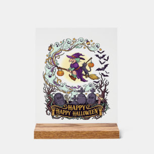 Happy Halloween Witch Broom Black Cat Ghosts_1 Acrylic Sign