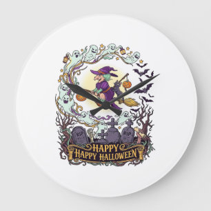 Happy Halloween Witch Broom Black Cat Ghosts_1 Large Clock